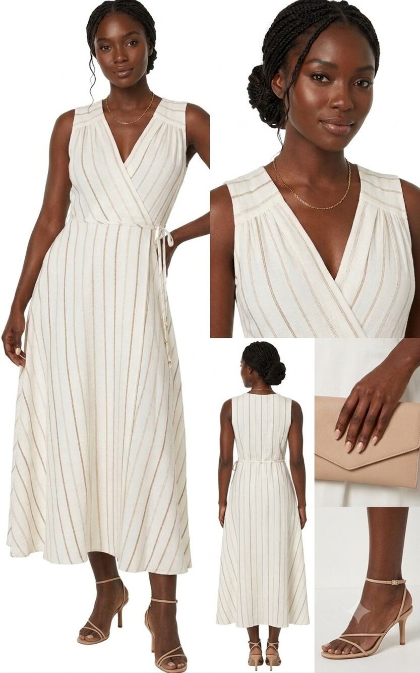 NWT Calvin Klein Ivory Gold Pinstripe Sleeveless Midi Wrap Dress - Size 4